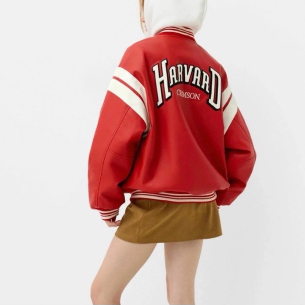 NWOT Bershka Red Harvard Varsity Jacket with White Stripes